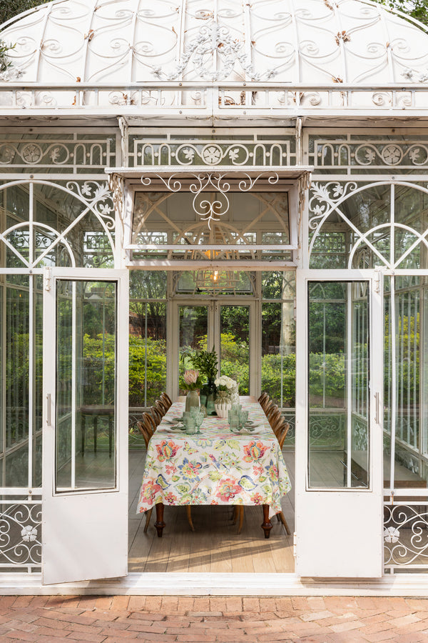 Whimsy tablecloth on a dining table. Made in South Africa by Giava Interiors