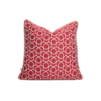 White honeycomb shapes on red back scatter cover by Giava Interiors. Made in South Africa 