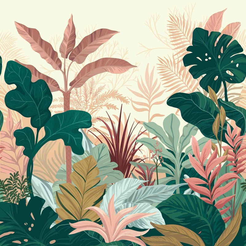 Tropical wall mural with green, blush pink, and beige foliage by Giava Interiors – proudly made in South Africa