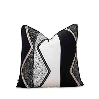 Embroidered black, beige, and white geometric scatter cushion handcrafted in South Africa – ideal for modern interior decor
