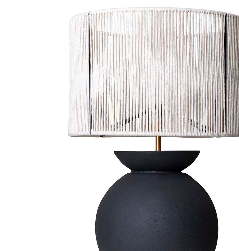 Closeup of the Ebony Belly Lamp with beige cotton string shade by Giava Interiors. Made in South Africa.