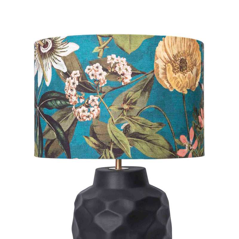 Honeycomb table lamp base in ebony witha floral lamp shade in turquoise by Giava Interiors in South Africa