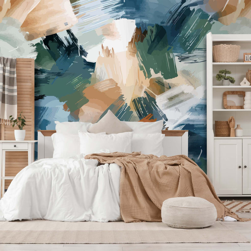 Green , blue and beige brush strokes wallpaper designed by Giava Interiors.  Made in South Africa. 