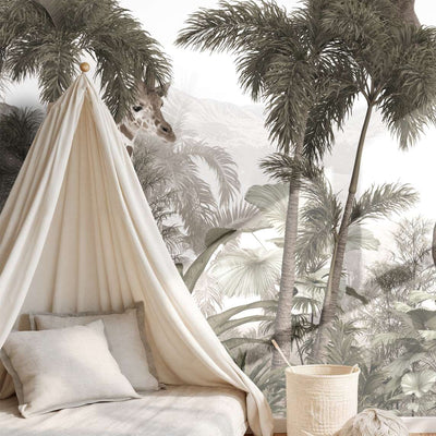 Jungle Expedition wall mural featuring giraffe, elephant and leopard installed by Giava Interiors, South Africa