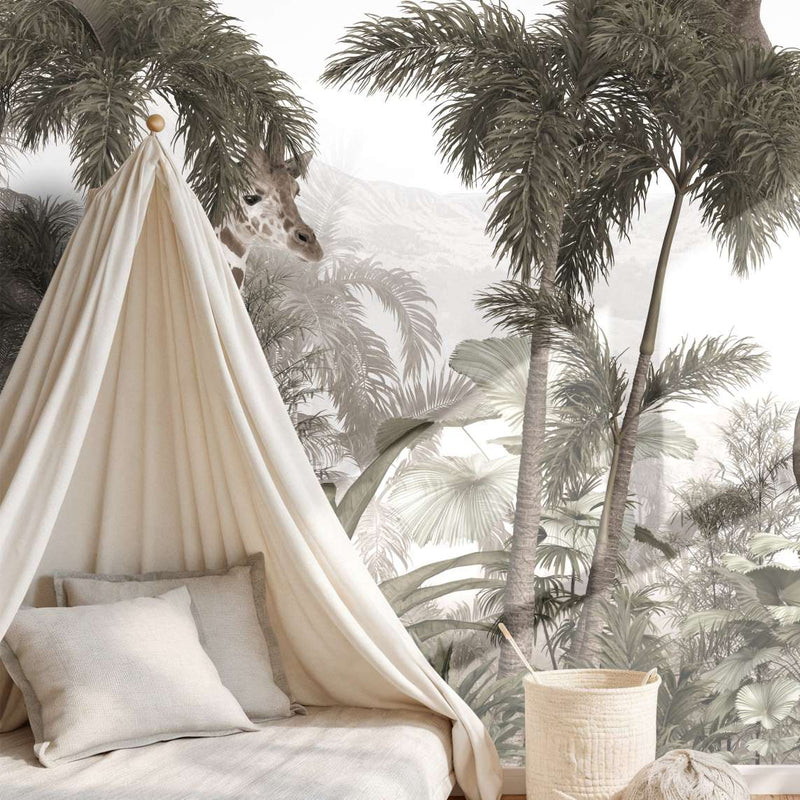 Jungle Expedition wall mural featuring giraffe, elephant and leopard installed by Giava Interiors, South Africa