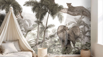 Jungle Expedition wall mural featuring giraffe, elephant and leopard installed by Giava Interiors, South Africa