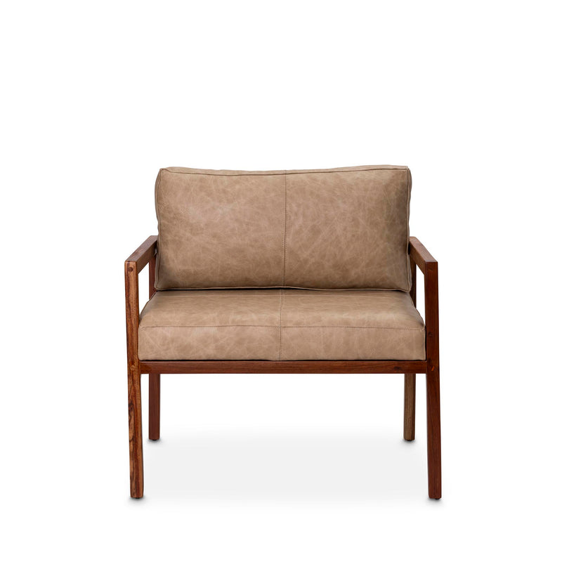 Front view of the Siena Kiaat Occasional chair with leather cushions by Giava Interiors, South Africa