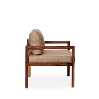 Side view of the Siena Kiaat Occasional chair with leather cushions by Giava Interiors, South Africa