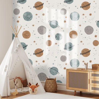 Little Explorer in Space Wallpaper featuring cartoon planets by Giava Interiors in South Africa