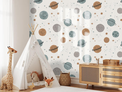 Little Explorer in Space Wallpaper featuring cartoon planets by Giava Interiors in South Africa
