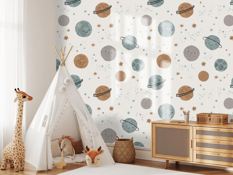 Little Explorer in Space Wallpaper featuring cartoon planets by Giava Interiors in South Africa