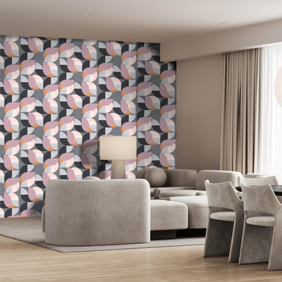 Living room with Cen wall paper in pink, blue and grey pastel geo shapes by Giava Interiors in South Africa