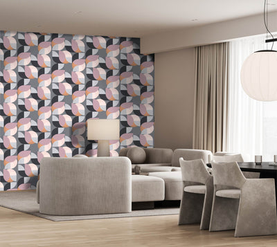 Living room with Cen wall paper in pink, blue and grey pastel geo shapes by Giava Interiors in South Africa