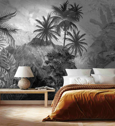 Sketched wall mural with palms and mountains by Giava Interiors made in South Africa