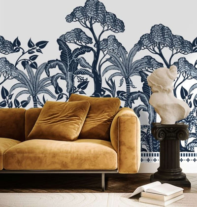 Blue tree print ono white wallpaper by Giava Interiors. Manufactured in South Africa
