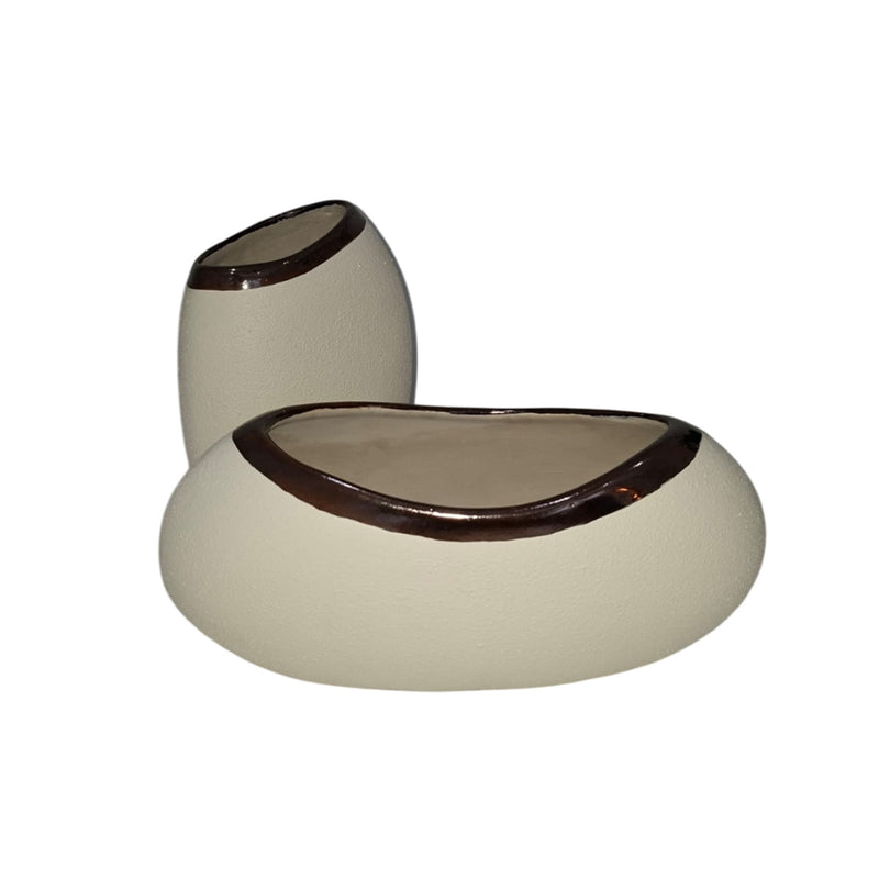Pebble shape vase set of 2  in bisque with metallic glaze trimming by Giava Interiors, South Africa