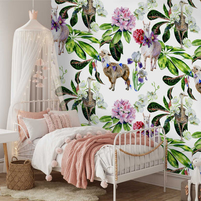 Bright florals, llama and kiwi patterned wall paper installed in a girl's bedroom by Giava Interior in South Africa