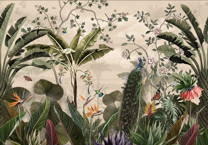 Decorative wallpaper with peacock, birds of paradise, and tropical leaves by Giava Interiors, South Africa