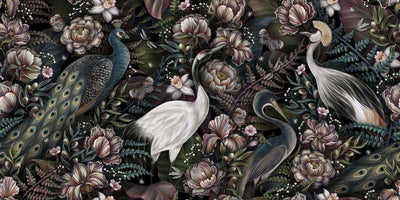 Royal Feathers peacock and blue crane birds floral wallpaper by Giava Interiors, South Africa.