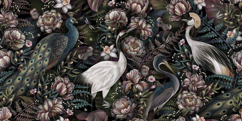 Royal Feathers peacock and blue crane birds floral wallpaper by Giava Interiors, South Africa.