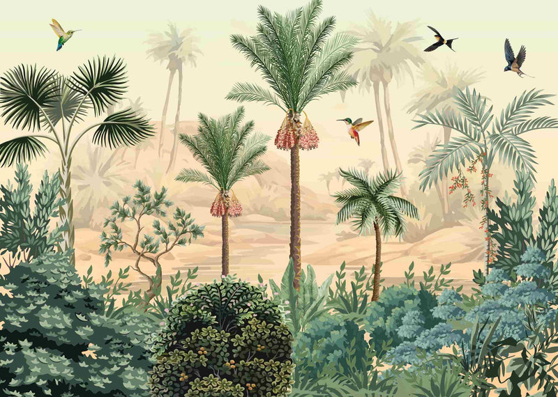 Wild birds and palms in a tropical forest. Wall mural by Giava Interiors in South Africa