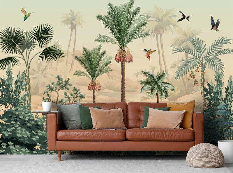 Sugarbird Palm wall mural installed in a livingroom by Giava Interiors in South Africa