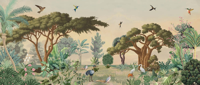 Tropical birds in a forest oasis. Wall mural by Giava Interiors in South Africa