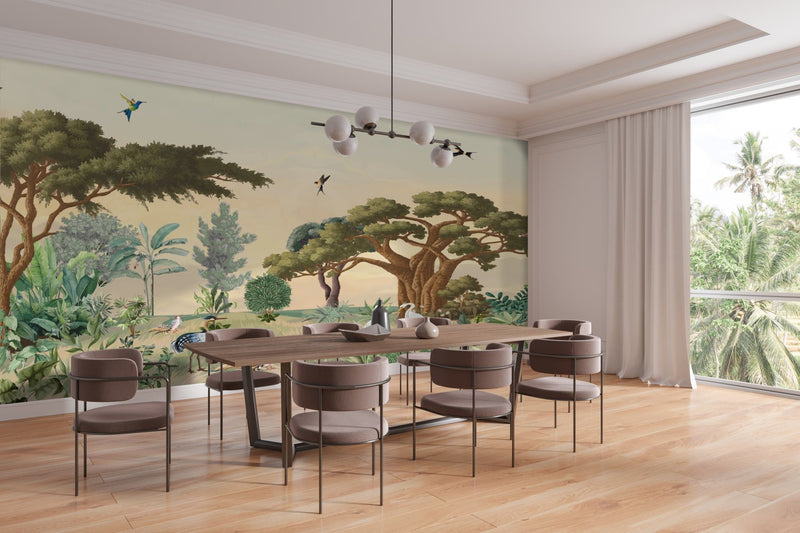 Tropical Animal Paradise wall mural installed in a dining room by Giava Interiors in South Africa