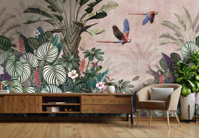 Full viewl flying parrot and botanical wall by Giava Interiors. Made in South Africa