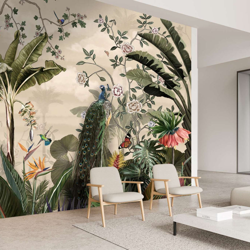 Decorative wallpaper with peacock, birds of paradise, strelitzia and tropical leaves by Giava Interiors, South Africa