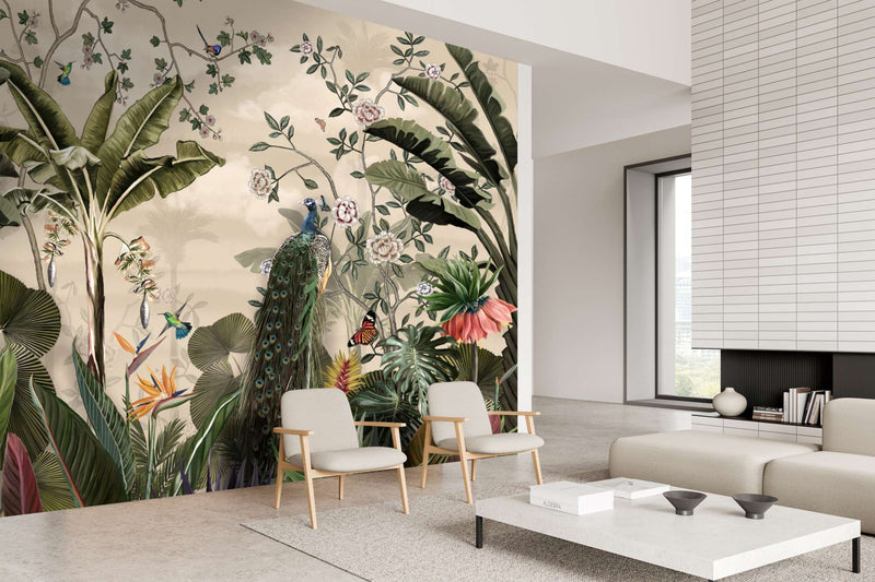 Decorative wallpaper with peacock, birds of paradise, strelitzia and tropical leaves by Giava Interiors, South Africa