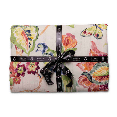Tablecloth by Giava Interiors with bright florals & whimsical birds. Made in South Africa. 