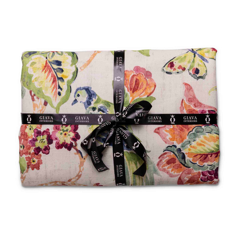 Tablecloth by Giava Interiors with bright florals & whimsical birds. Made in South Africa. 